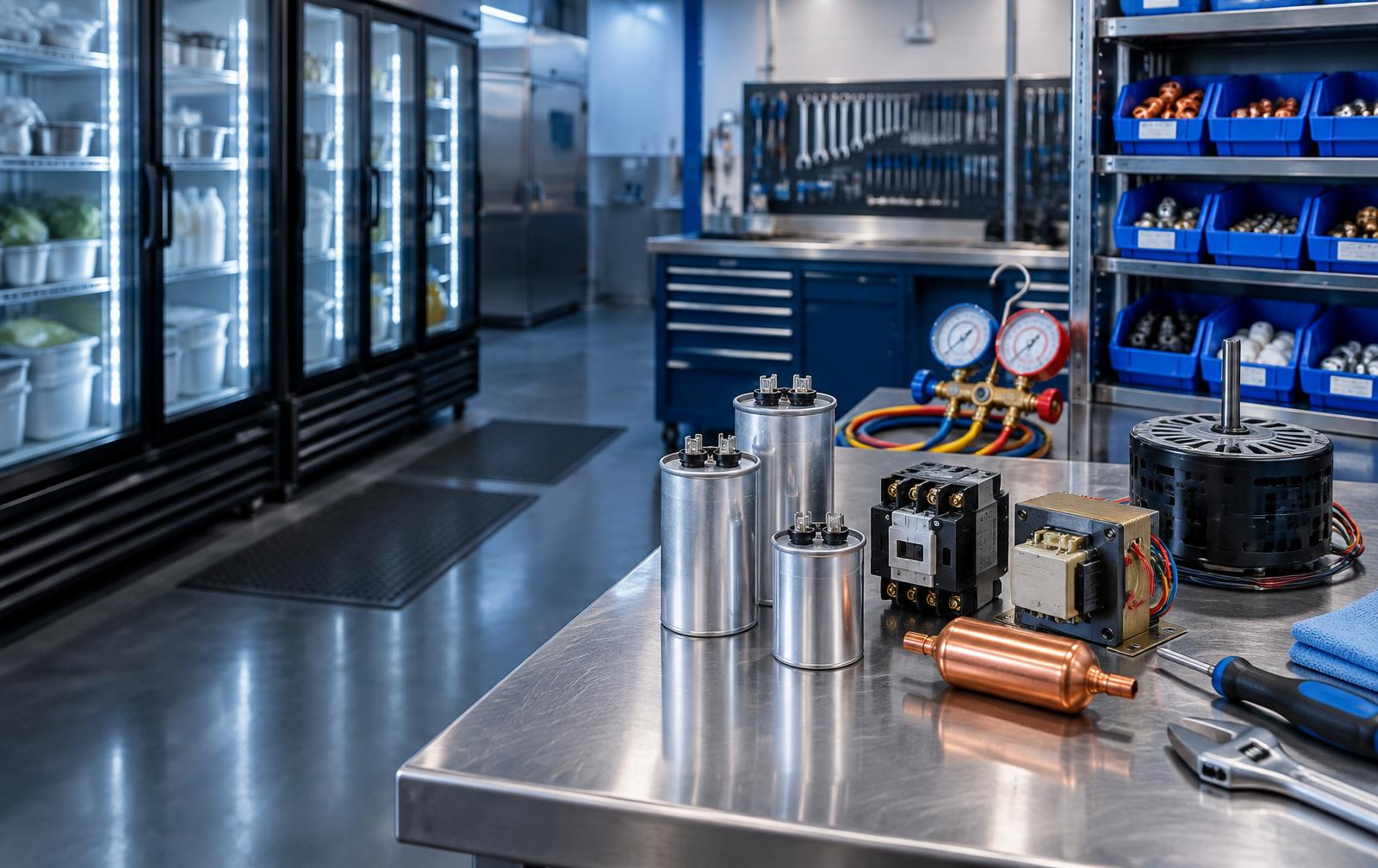 Commercial refrigeration service bench with HVAC/R parts and tools